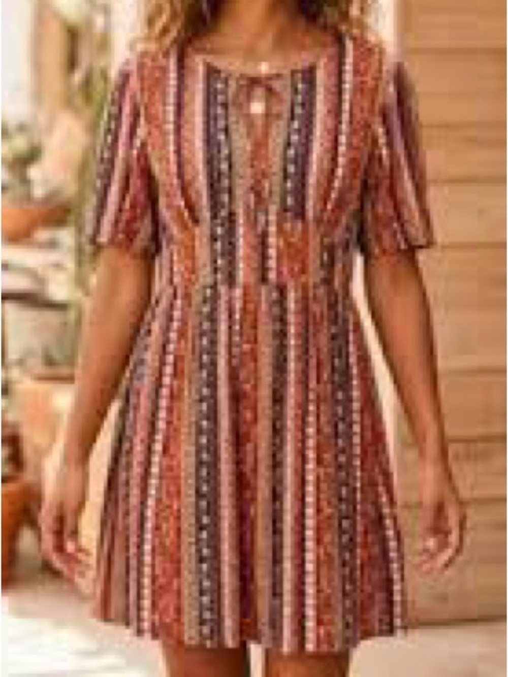 ‘Blue Rain’ Rust Multi-Striped Boho Short-Sleeve Dress